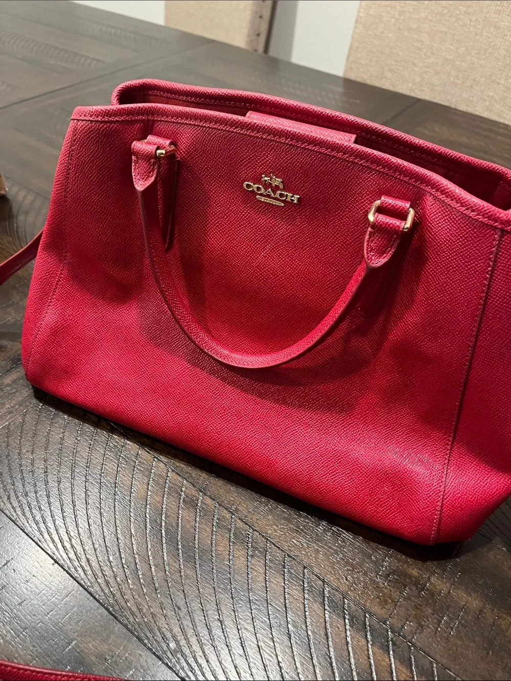 Coach Red Saffiano Leather Satchel with Gold Hardware